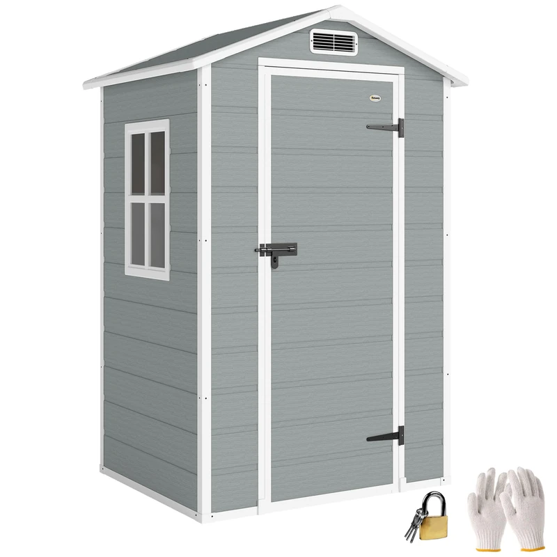 Outsunny 4 x 3 ft Plastic Garden Shed with Floor, Outdoor Storage Shed with Lockable Door, Window and Vent for Backyard, Patio, Garage, Light Grey - Image 1