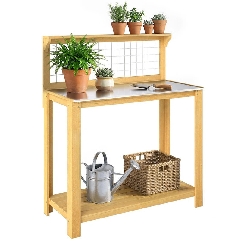 Outsunny Wooden Potting Bench Table with Aluminium Worktop, Outdoor Garden Workbench with 2 Shelves and Grid Design for DIY, Planting Work Station for Patio, Yard, Balcony, 100 x 48 x 119 cm, Yellow