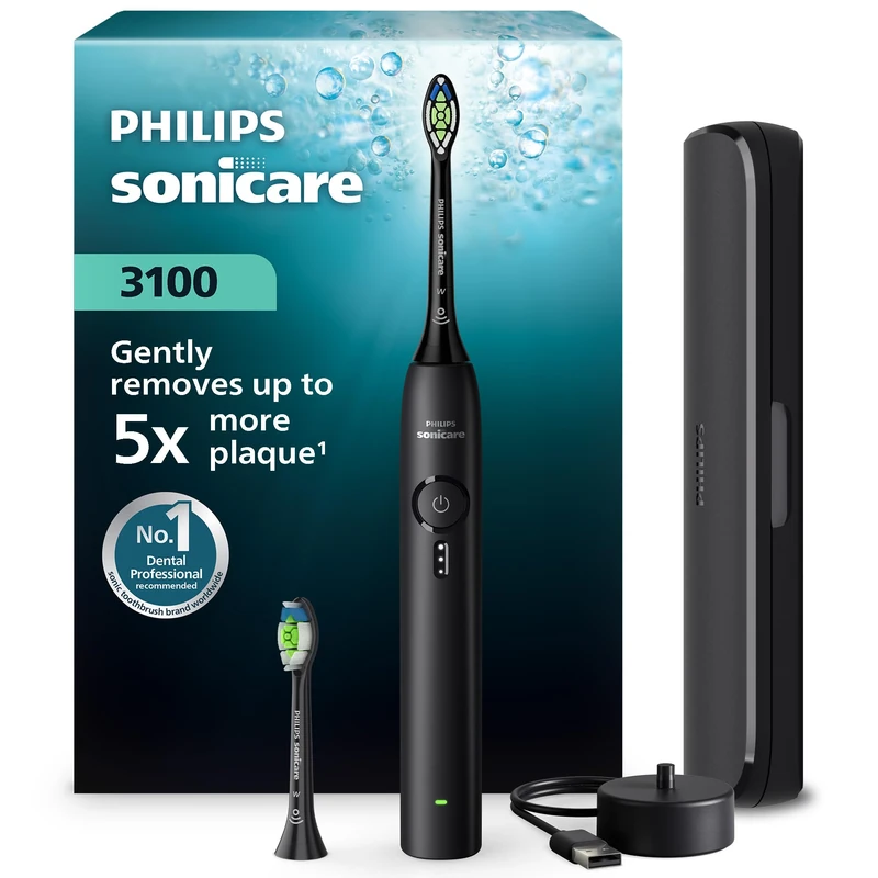 Philips Sonicare 3100 Series Electric Toothbrush - Sonic Toothbrush with Pressure Sensor, 3 Intensity Levels, EasyStart Feature, SmarTimer, 14-Day Runtime, Travel Case, Black, HX4034/22, [New]