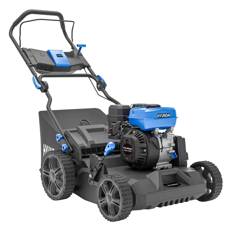 HYUNDAI 44cm / 17" Black Petrol Scarifier with Recoil Start, 223cc 4-Stroke Engine, Hand Push, 6 Cutting Heights and 45L Collection Bag