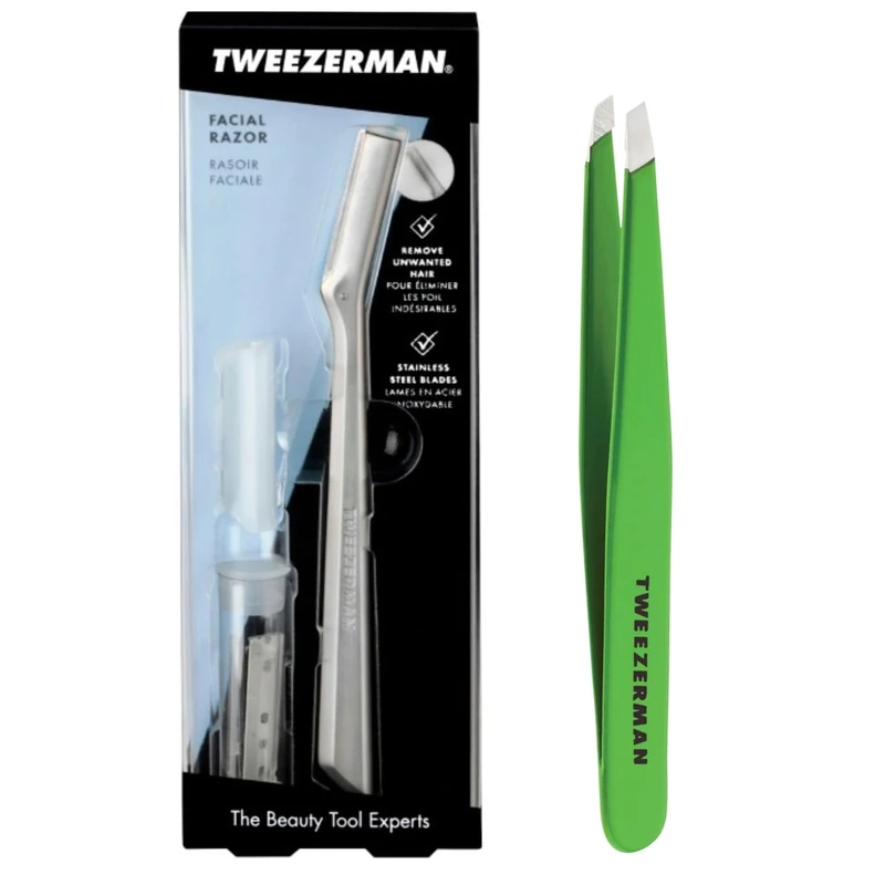 Tweezerman Green Apple Slant Tweezer & Dermaplaning Razor Facial Razor with 3 Spare Blades Included, (Pack of 2)
