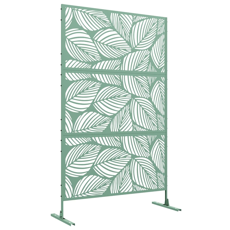 Outsunny Decorative Outdoor Privacy Screen with Stand, 6.5FT Freestanding Metal Outdoor Divider, Decorative Privacy Panel with Expansion Screws for Garden, Leaf Style, Green