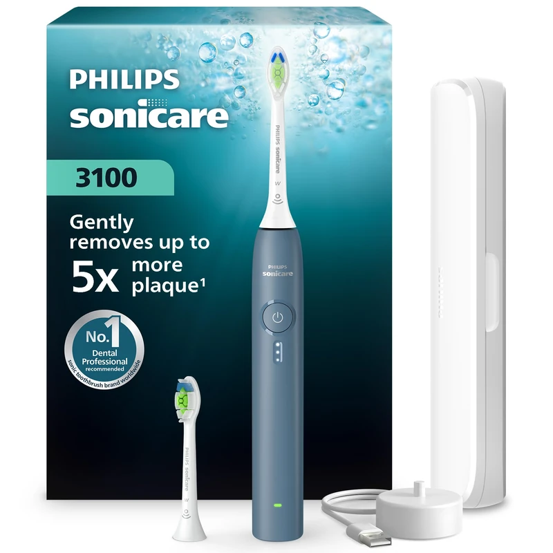 Philips Sonicare 3100 Series Electric Toothbrush - Sonic Toothbrush with Pressure Sensor, 3 Intensity Levels, EasyStart, SmarTimer, 14-Day Runtime, Travel Case, Marine Blue, HX4034/24, [New]