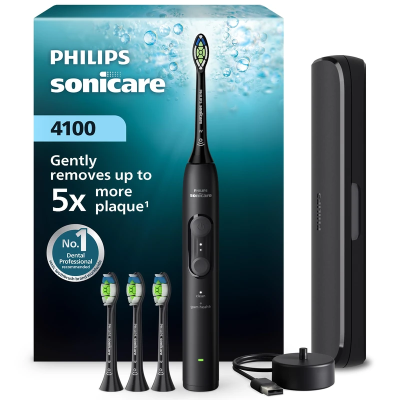 Philips Sonicare 4100 Series Electric Toothbrush - Sonic Toothbrush with Pressure Sensor, 4 Brushing Settings, EasyStart Feature, SmarTimer, 21-Day Runtime, Travel Case, Black, HX4046/52, [New]
