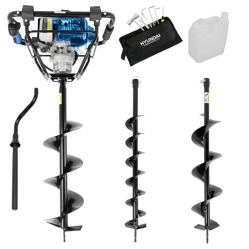 Hyundai 56cc Petrol Earth Auger with Safety Brake, 100mm 150mm & 200mm Drill Bits, Anti-Vibration Handle, Heavy Duty Post Hole Digger
