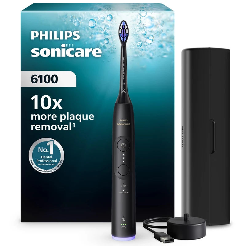 Philips Sonicare 6100 Series Electric Toothbrush - Next-Generation Technology, Pressure Sensor, 6 Brushing Settings, SmarTimer, BrushPacer, 21-Day Runtime, Travel Case, Black, Model HX7401/12