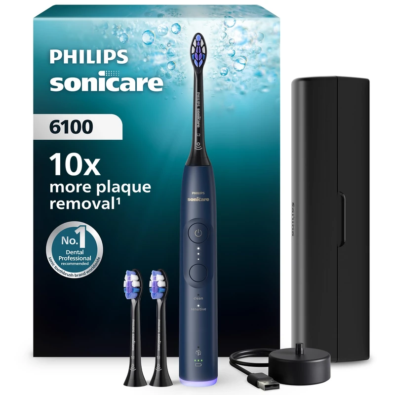 Philips Sonicare 6100 Series Electric Toothbrush - Next-Generation Sonicare Technology, Pressure Sensor, 6 Brushing Settings, SmarTimer, BrushPacer, 21-Day Runtime, Travel Case, Navy Blue, HX7403/07