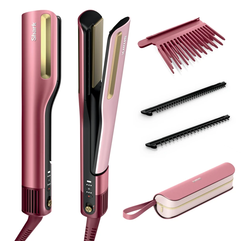 Shark SilkiPro Straight Hair Straightener + Dryer in One Tool with Heat-Resistant Storage Case -Rose Petal [HT401UKPK]