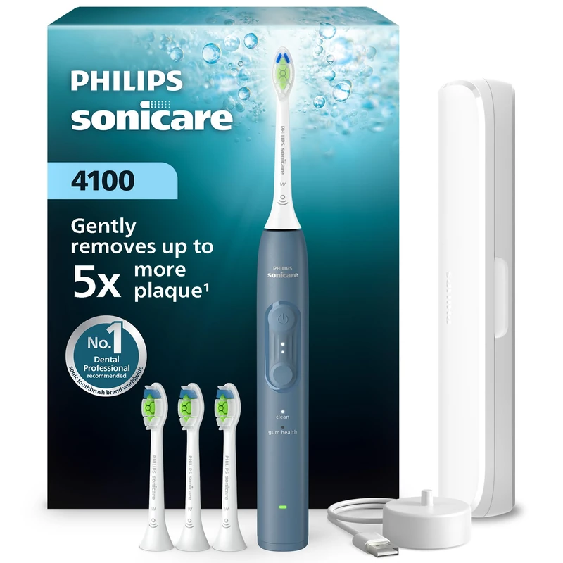 Philips Sonicare 4000 Series Electric Toothbrush - Sonic Toothbrush with Pressure Sensor, 4 Brushing Settings, EasyStart, SmarTimer, 21-Day Runtime, Travel Case, Marine Blue, HX4046/48, [New]