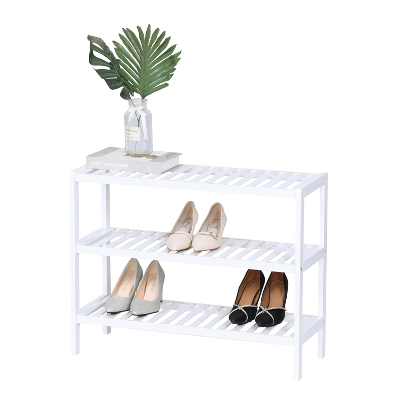 Relaxdays Bamboo Shoe Rack, 3 Levels, Fits 9 Pairs, Slatted Shelves, White, 54.5 x 70 x 24.5 cm