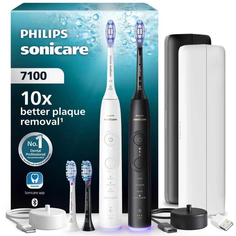 Philips Sonicare 7100 Series Electric Toothbrush - Next-Generation Sonicare Technology, Pressure Sensor, 12 Brushing Settings, 21-Day Runtime, Charging Travel Case, White & Black, 2 Pack, HX7429/04