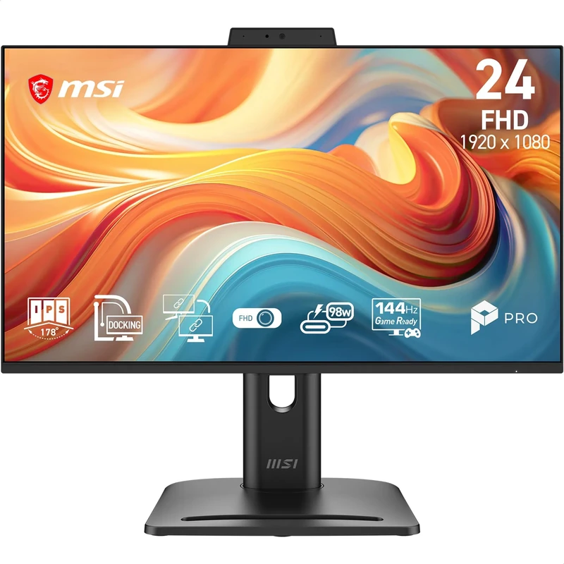 MSI PRO MP245PDG E14 23.8-Inch FHD Docking Monitor, 1920 x 1080 IPS, 144 Hz, 1ms, Daisy Chain, LAN Port, Built-in speaker/mic, KVM, PiP/PbP, HDMI 2.0b, DP 1.2a, USB Type-C (98W PD), Vesa Mount, Black