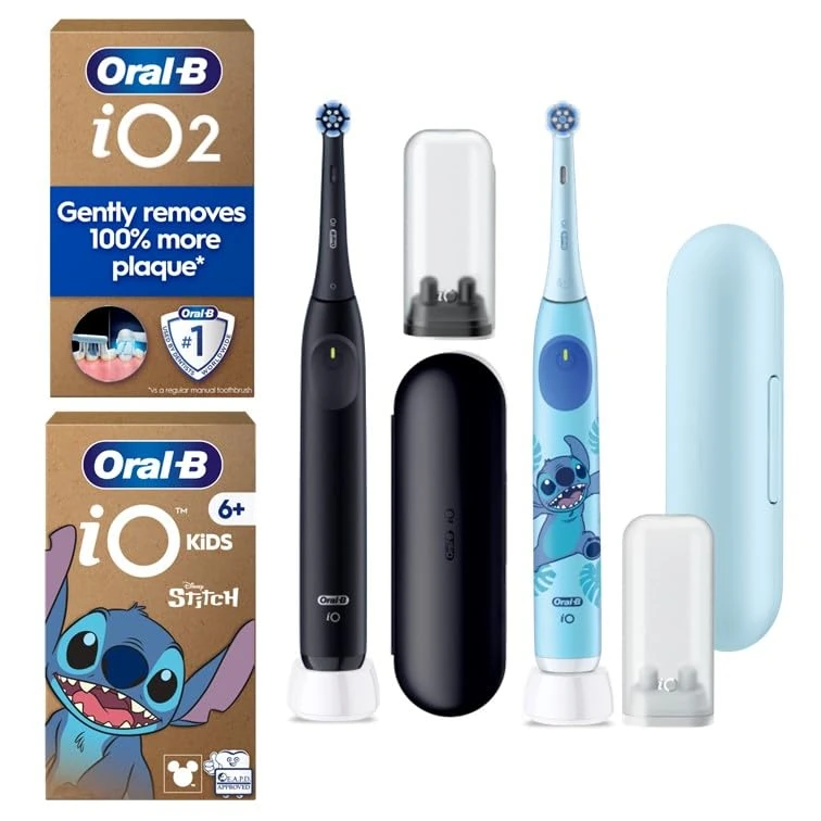 Oral-B iO2 Black Electric Toothbrush + Oral-B iO Kids Disney Stitch Electric Toothbrush Family Brushing Bundle