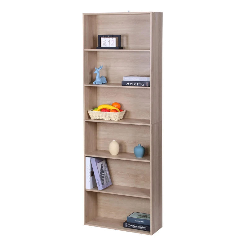 Relaxdays Bookcase with 6 Adjustable Compartments, Freestanding Oak Living-Room Shelf, 178.5 x 60 x 24 cm