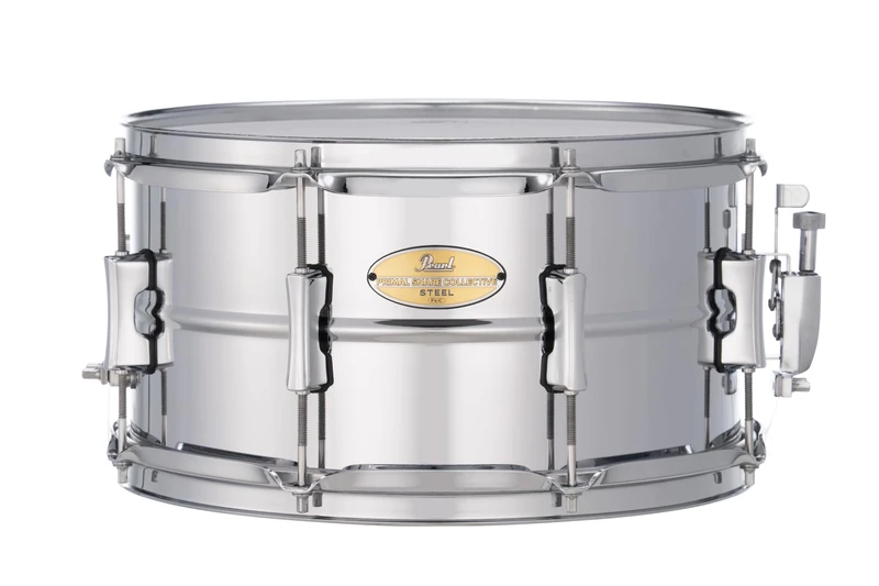Pearl Primal Snare Collective 13"x7" Steel Snare Drum with Beaded 1mm Shell, Polished Chrome Finish, 2.3mm Triple-Flanged Hoops, Dual Tension lugs, and deluxe strainer. - Image 1