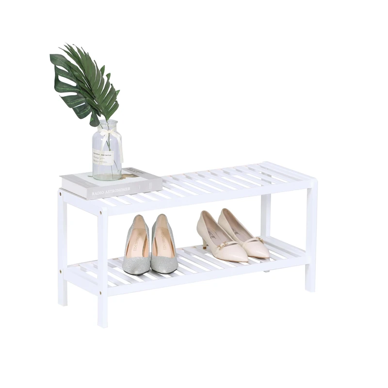 Relaxdays 2-Tier Shoe Rack with Grid Shelves, Holds 6 Pairs, Bamboo, White, 33.5 x 70 x 24.5 cm