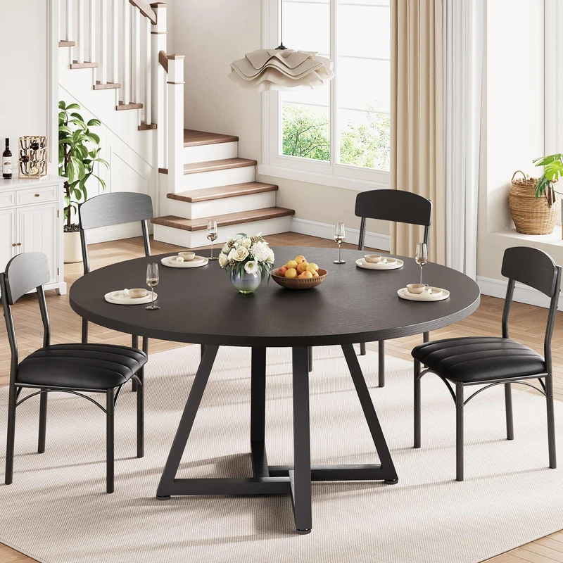 Jocoevol Round Dining Table and 4 Chairs Set of 4-6, Circle Dinner Table with Metal Frame, Space Saving Wood Industrial Furniture (Black, 51 inch)