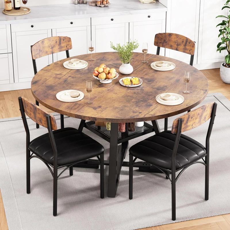 Jocoevol Round Dining Table and 4 Chairs Set of 4, Circle Dinner Table with Shelves, Space Saving Wood Kitchen & Dining Room Furniture (Vintage, 42 inch)