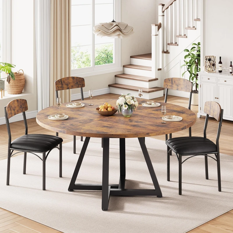 Jocoevol Round Dining Table and 4 Chairs Set of 4-6, Circle Dinner Table with Metal Frame, Space Saving Wood Industrial Furniture (Vintage, 51 inch)
