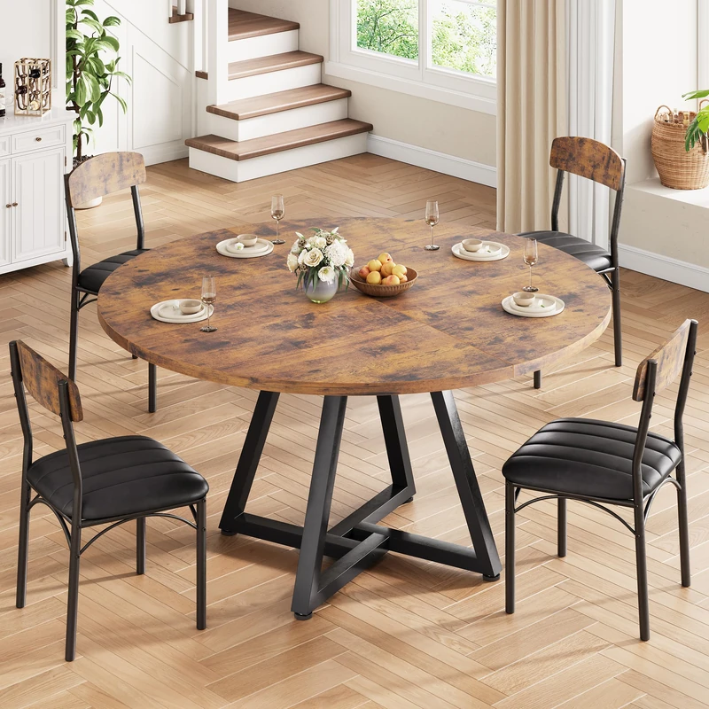 Jocoevol Round Dining Table and 4 Chairs Set of 4-6, Circle Dinner Table with Metal Frame, Space Saving Wood Industrial Furniture (Vintage, 47 inch)