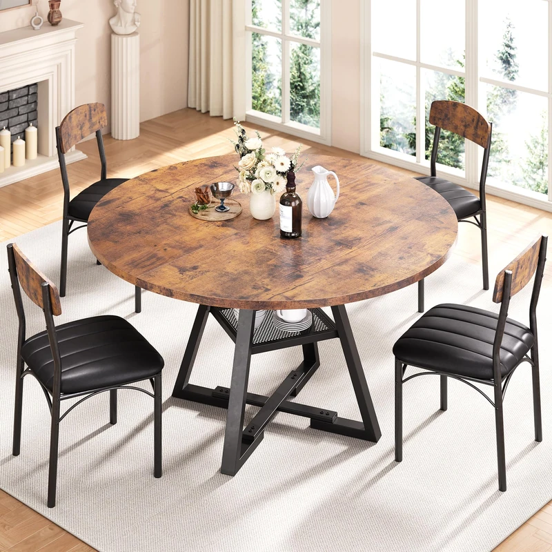 Jocoevol Round Dining Table and 4 Chairs Set of 4-6, Circle Dinner Table with Shelves, Space Saving Wood Kitchen & Dining Room Furniture (Vintage, 47 inch)