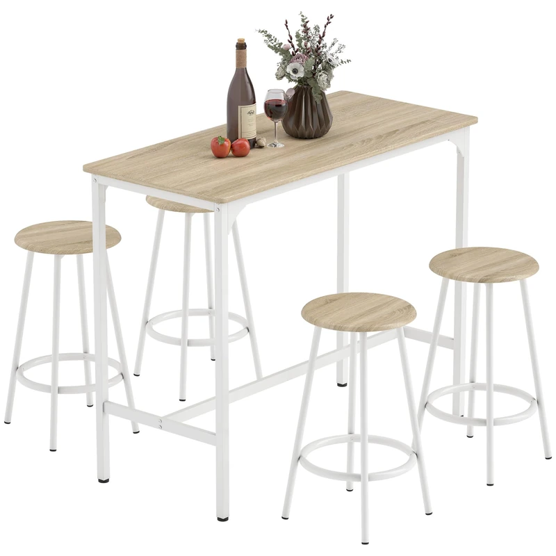 HOMCOM 5 Piece Bar Table Set, Industrial Dining Table Set for 4 with Stools, Metal Frame, Footrest for Kitchen, Living Room, Small Space, Natural Wood