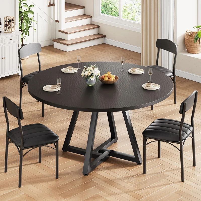 Jocoevol Round Dining Table and 4 Chairs Set of 4-6, Circle Dinner Table with Metal Frame, Space Saving Wood Industrial Furniture (Black, 47 inch)