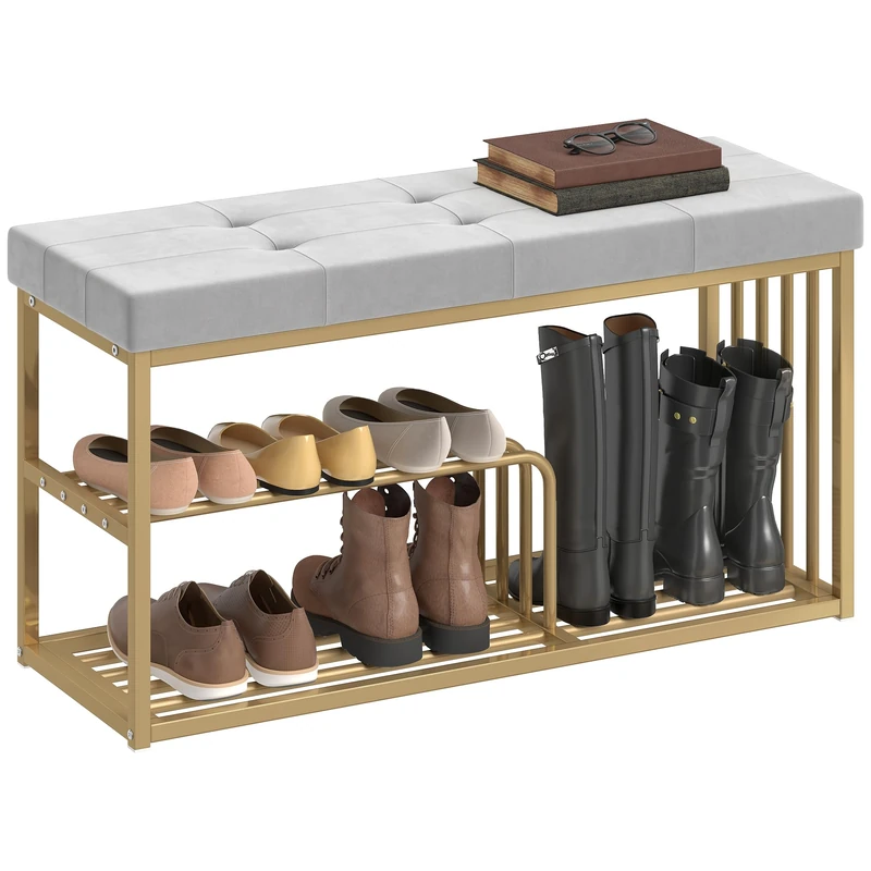 HOMCOM Modern Shoe Storage Bench with Velvet Seat Cushion, Upholstered Tufted Shoe Rack Bench with Storage Shelves and Gold Tone Steel Frame for Entryway, Hallway, Living Room, Bedroom, Grey