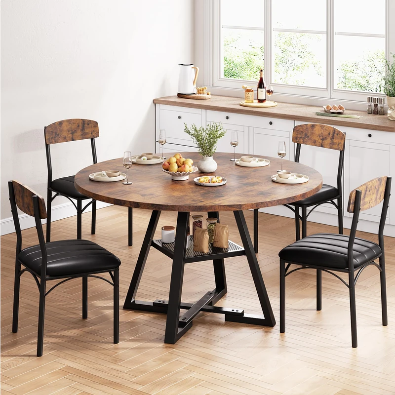 Jocoevol Round Dining Table and 4 Chairs Set of 4-6, Circle Dinner Table with Shelves, Space Saving Wood Kitchen & Dining Room Furniture (Vintage, 51 inch)