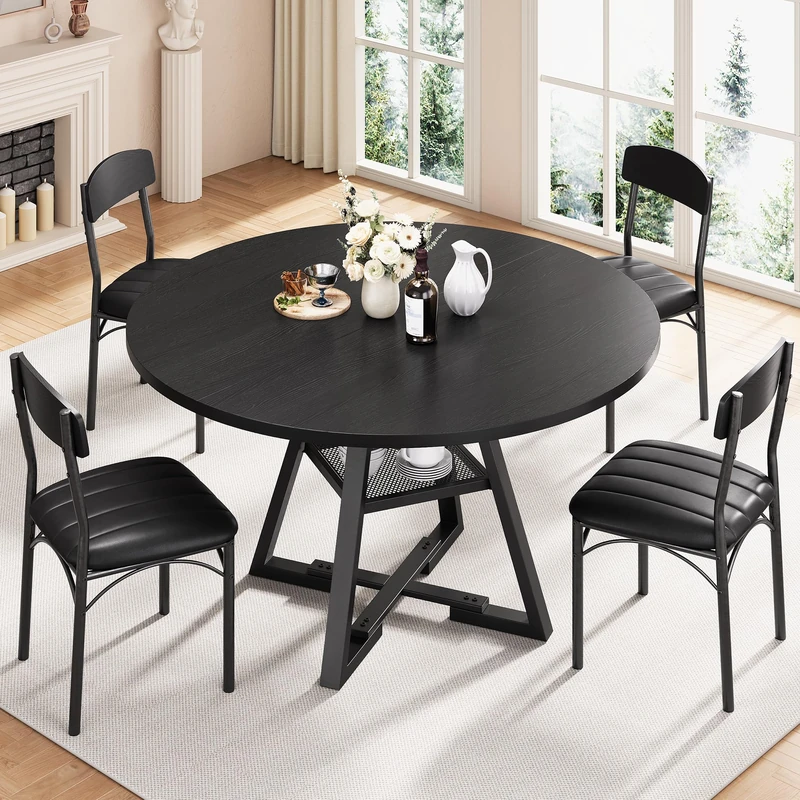 Jocoevol Round Dining Table and 4 Chairs Set of 4-6, Circle Dinner Table with Shelves, Space Saving Wood Kitchen & Dining Room Furniture (Black, 47 inch)