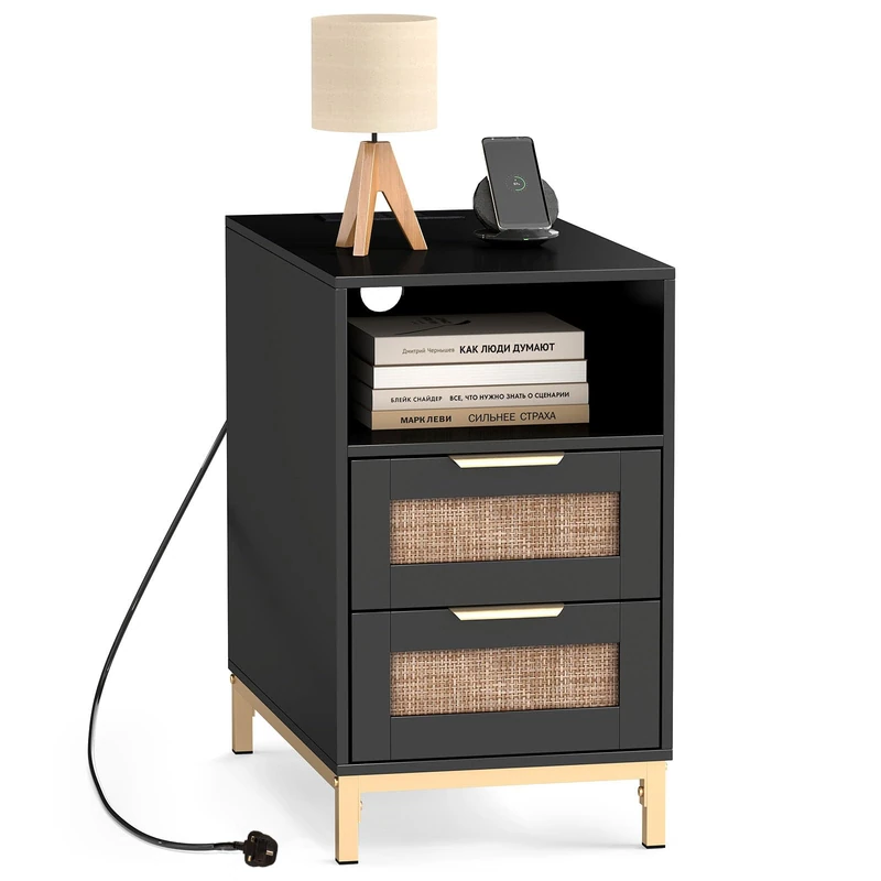 CASART Boho Bedside Table with Charging Station, Wooden Nightstand with 2 Drawers, Open Shelf & Rattan Doors, 4 Tier End Table Side Tables for Bedroom Living Room (1, Black + Gold)