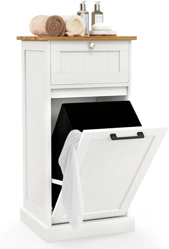 FANTASK Laundry Cabinet with Laundry Basket & Drawer, Bathroom Cabinet with Bamboo Table Top, Laundry Hamper for Bathroom & Laundry Room, 40 x 37 x 82 cm, White