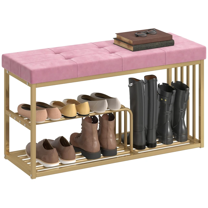 HOMCOM Modern Shoe Storage Bench with Velvet Seat Cushion, Upholstered Tufted Shoe Rack Bench with Storage Shelves and Gold Tone Steel Frame for Entryway, Hallway, Living Room, Bedroom, Pink