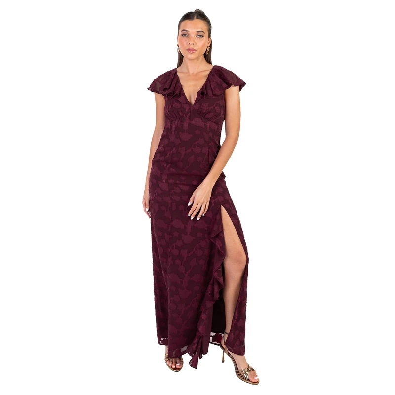 Anaya with Love Women's Maxi Dress Ladies V-Neck Flutter Sleeves Floral Burnout Ruffle Tie V-Back Empire A-line Evening Gown, Maroon 10