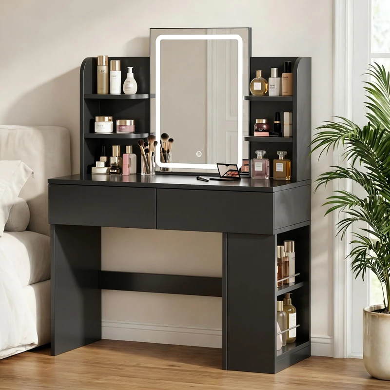 JUMMICO Dressing Table with LED Mirror,Vanity Desk with 2 Large Drawers,Adjustable Brightness,Makeup Table with Open Shelves and Sideboard,Bedroom Furniture (Black, 90cm)