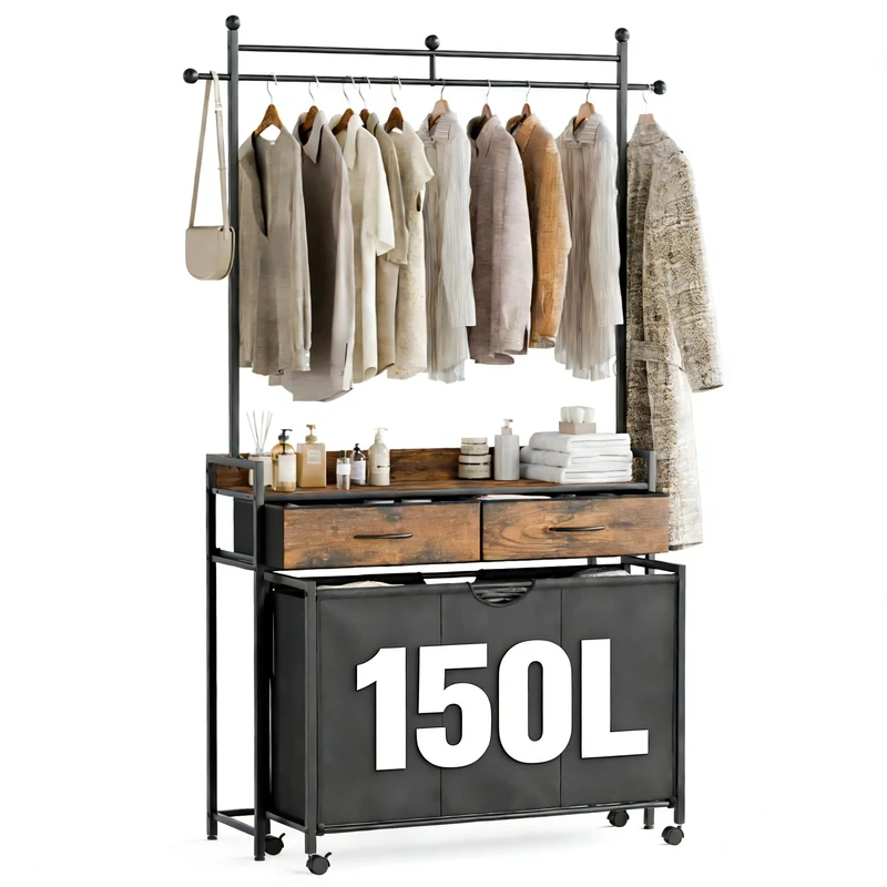 Mondeer Laundry Basket with Coat Rack, 150L Laundry Cart with Extendable Oxford Fabric, for Laundry Room, Bathroom, 129 x 33 x 199 cm, Rustic Brown and Black