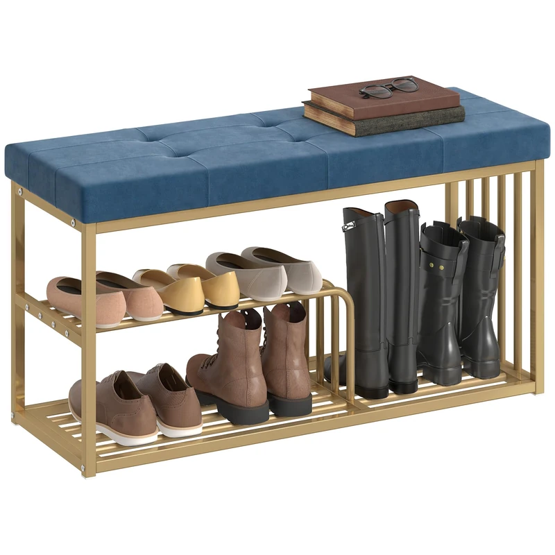 HOMCOM Modern Shoe Storage Bench with Velvet Seat Cushion, Upholstered Tufted Shoe Rack Bench with Storage Shelves and Gold Tone Steel Frame for Entryway, Hallway, Living Room, Bedroom, Dark Blue