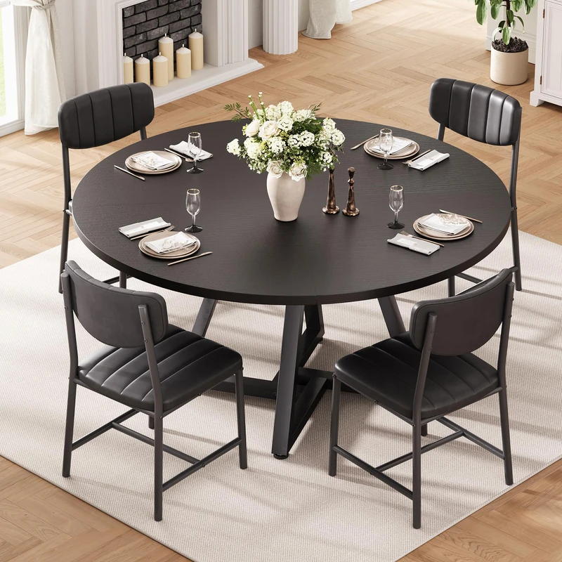 Jocoevol Round Dining Table and 4 Chairs Set of 4, Circle Dinner Table with Metal Frame, Space Saving Wood Industrial Furniture (Black, 42 inch)
