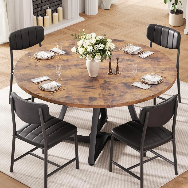 Jocoevol Round Dining Table and 4 Chairs Set of 4, Circle Dinner Table with Metal Frame, Space Saving Wood Industrial Furniture (Vintage, 42 inch)