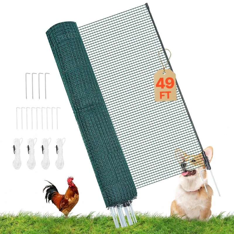VEVOR Plastic Fence Net, Temporary Flexible Fencing 3ft x 50ft, Safety Net with Poles, Double Ended Pegs and Guy Ropes, Removable Protective Barrier for Dogs and Plants