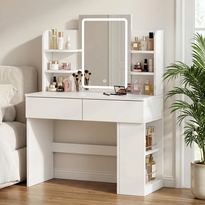 JUMMICO Dressing Table with LED Mirror,Vanity Desk with 2 Large Drawers,Adjustable Brightness,Makeup Table with Open Shelves and Sideboard,Bedroom Furniture (White, 90cm)