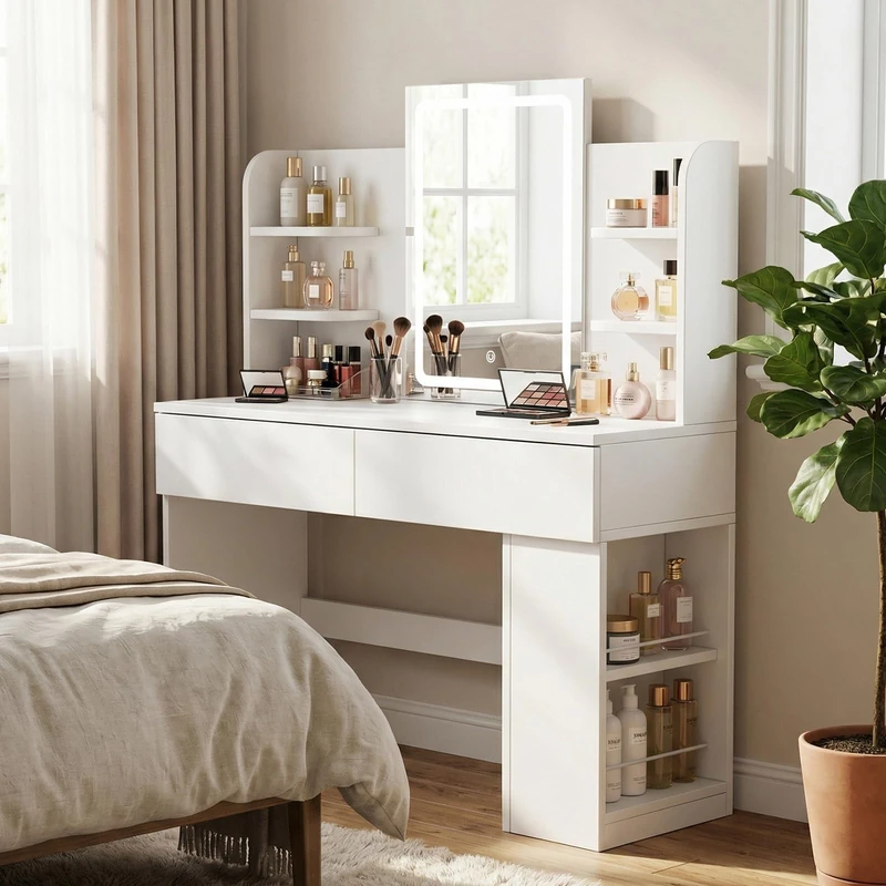 JUMMICO Dressing Table with LED Mirror,Vanity Desk with 2 Large Drawers,Adjustable Brightness,Makeup Table with Open Shelves and Sideboard,Bedroom Furniture (White, 108cm)