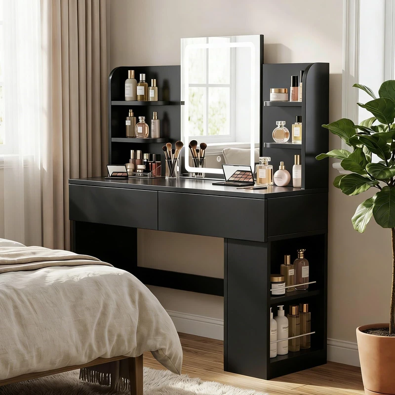 JUMMICO Dressing Table with LED Mirror,Vanity Desk with 2 Large Drawers,Adjustable Brightness,Makeup Table with Open Shelves and Sideboard,Bedroom Furniture (Black, 108cm)