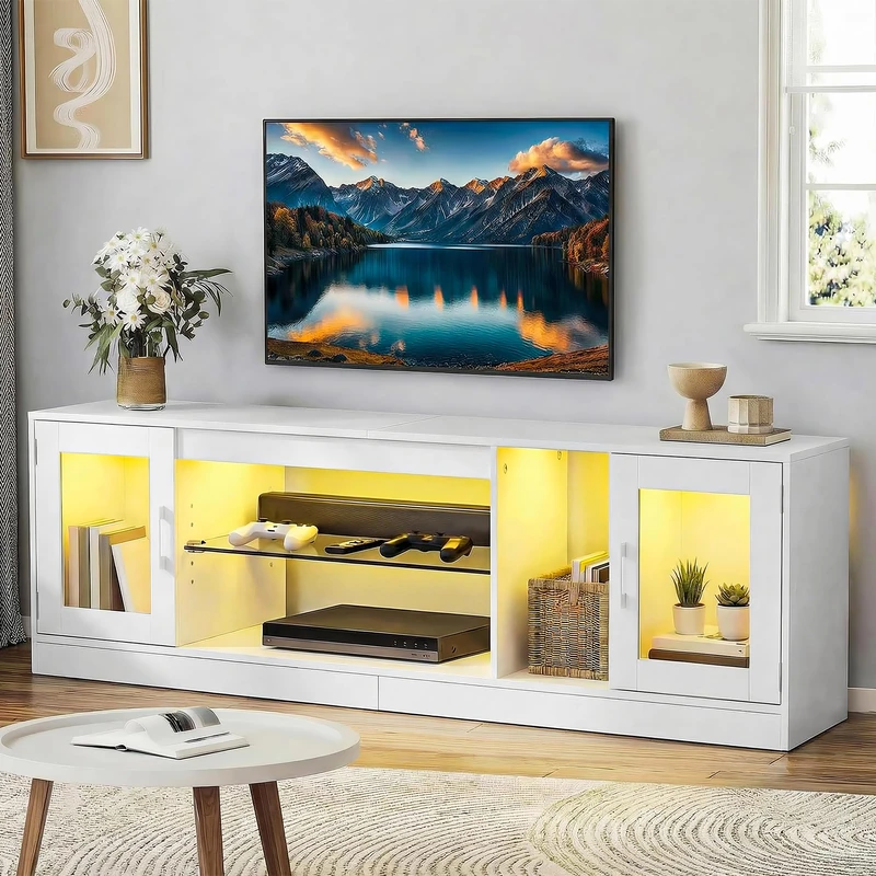 YITAHOME 180cm TV Cabinet with 7 RGB LEDs, TV Stand with 2 Closed Drawers, 3 Open Shelves & Adjustable Glass Shelf, Modern Entertainment Center for Living Room, 180x32x51CM