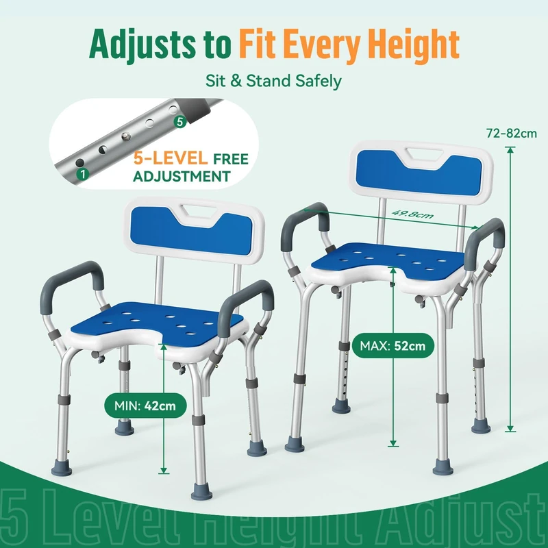 Luckfaith LC03 Shower Stool with Armrests & Backrest Height Adjustable - Non-Slip U-shaped Aluminium Shower Seat for Seniors & People with Limited Mobility