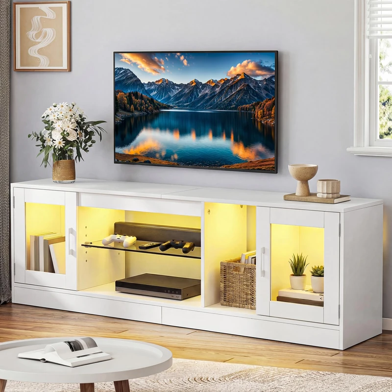 YITAHOME 160cm TV Cabinet with 7 RGB LEDs, TV Stand with 2 Closed Drawers, 3 Open Shelves & Adjustable Glass Shelf, Modern Entertainment Center for Living Room, 160x32x51CM