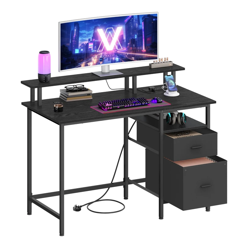 VASAGLE Gaming Desk with Power Strip, Computer Study Desk with Monitor Stand, Table with Storage, Fabric Drawers, 2 USB Ports, for Home Office, 120 x 60 cm, Ebony Black LWD093B02V1
