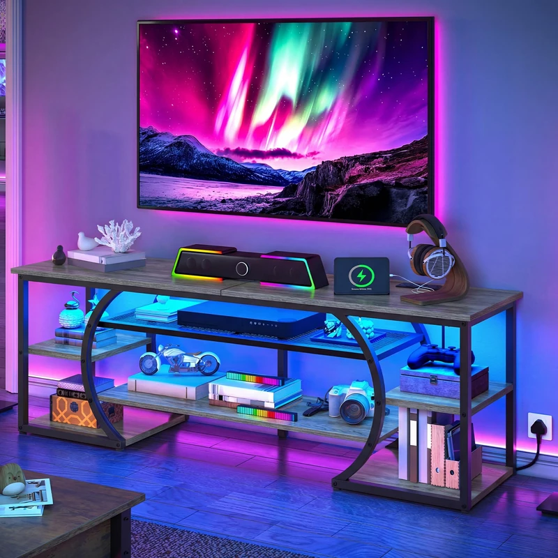 YITAHOME 160cm TV Stand Cabinet with 2 AC & 2 USB Socket for TVs up to 70 inch with 7 RGB LED 22 Modes Lights Entertainment Centre for Living Room and Bedroom Grey