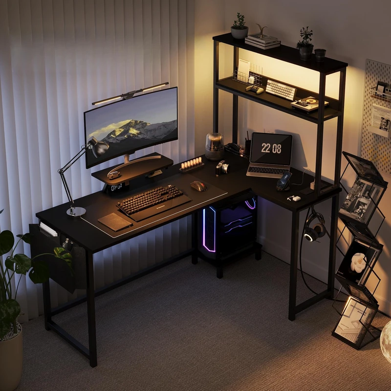 GarveeHome L-Shaped Corner Computer Desk with Drawer, Power Outlet & LED - Modern Space-Saving Workstation - Sturdy Particle Board & Metal Frame - Easy Assembly for Home Office or Gaming - Black EU