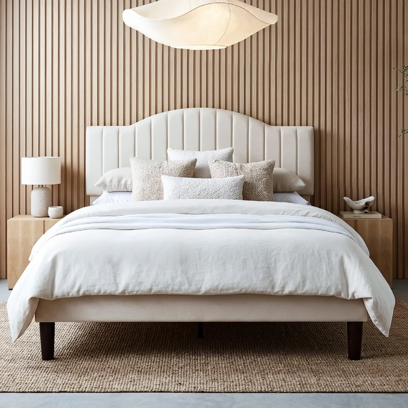 VECELO Double Bed Frame, 4ft6 Upholstered Platform with Adjustable Velvet Headboard, Strong Wood Slats, 20cm Under-Bed Storage, Noise-Free, No Box Spring Needed, Beige